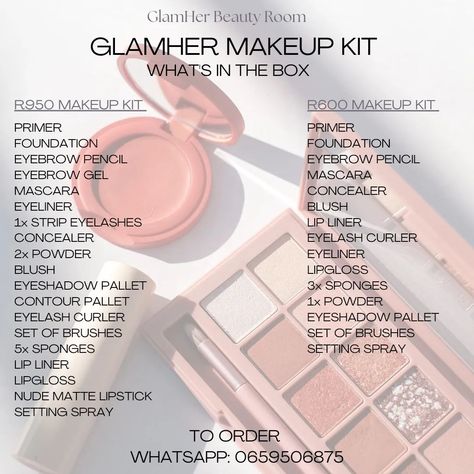 MAKEUP KITS AVAILABLE 🤍@glamherbeauty.room ORDER YOURS TODAY 😁 To Order WhatsApp: 0659506876☺️ Makeup List For Bride, Wedding Makeup Product List, Bridal Makeup Kit Products List, Makeup Kit For Bride, Bridal Makeup Products, Bridal Makeup Kit, Bridal Kit, Powdered Eyeliner, Wedding Trousseau