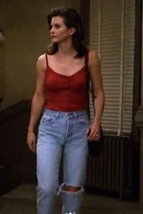 FRIENDS Fashion outfit ideas Red Tank Top Outfit, Tank Top Outfit, Fashion Outfit Ideas, Monica Geller, Red Tank Top, Stripe Blouse, Tank Top Outfits, Top Outfit, Red Tank