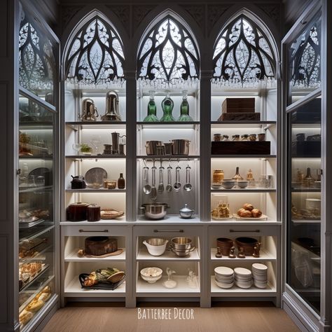 Gorgeous Victorian Gothic kitchen pantry in black and white. Gothic Kitchen Design, Gothic House Interior Modern, Gothic Kitchen Cabinets, Goth Pantry, Gothic Victorian Kitchen, Gothic Farmhouse Kitchen, Gothic Revival Kitchen, Gothic Victorian House Plans, Victorian Pantry