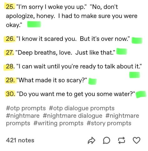 Nightmare Comfort Prompts, Nightmare Writing Prompts, Nightmare Prompts, Character Arcs, Fake Scenarios, Writing Things, Writing Dialogue Prompts, Character Arc, Dialogue Prompts