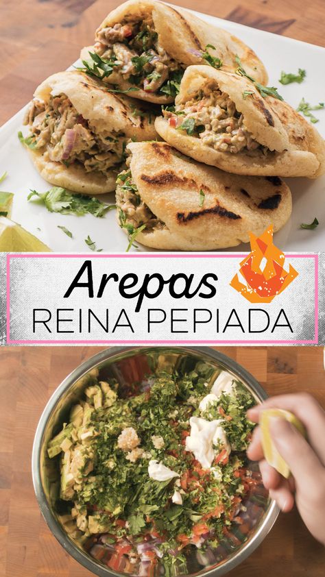 Arepas Recipe Venezuelan Fillings, Arepas Filling Recipe, Arepas Recipe Mexican, Reina Pepiada Recipe, Arepas Recipe Venezuelan, Chicken Arepas Recipe, Arepas Filling, Chicken Arepas, Arepa Filling