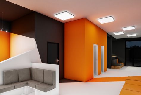 Orange Black Interior Design, Orange Staircase, Orange Stairs, Black And White Walls, Commercial Reception, Fabric Shop Display, Organized Office, Cool Office Space, Bathroom Design Black