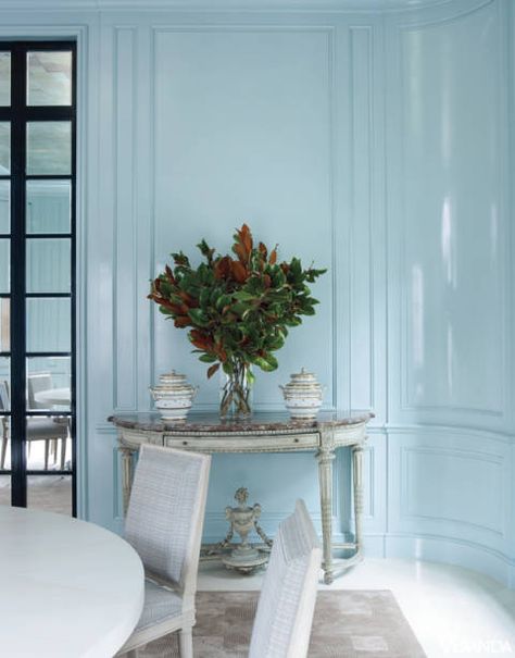 Elegant light blue millwork alludes to French boiserie. Antique console. Image originally appeared in the April 2011 issue of VERANDA.  INTERIOR DESIGN BY DAVID KLEINBERG Lacquered Walls, Polished Plaster, South Shore Decorating, Blue Rooms, Blue Interior, French Art Deco, Blue Walls, Blue Paint, French Art