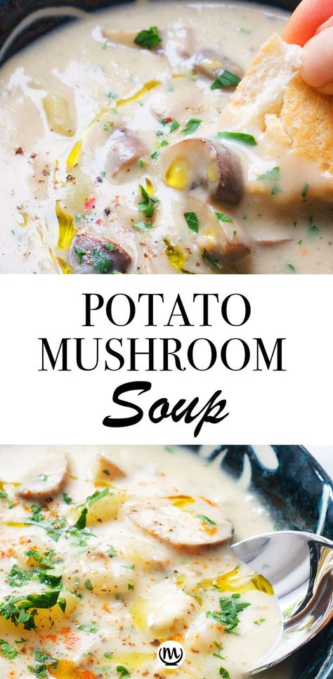 Close-up of creamy potato mushroom soup. Potato And Mushroom Soup, Potato Mushroom Soup, Potato Mushroom Recipe, Mushroom Potato Soup, Potato And Mushroom, Potato Mushroom, Creamy Mushroom Soup, Mushroom Dish, Mushroom Soup Recipes