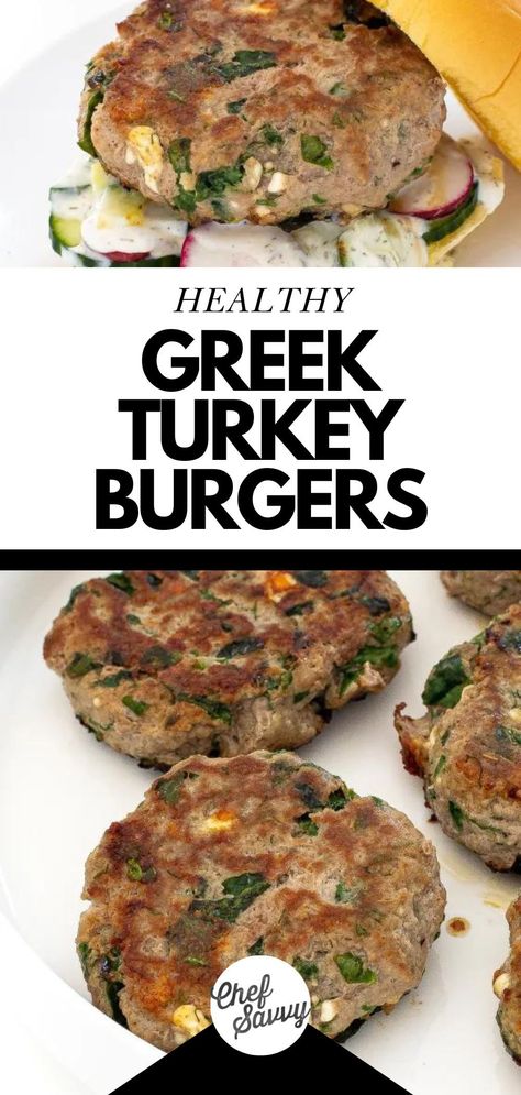 Try this Easy Homemade Healthy Greek Burger Recipe! Take your burger game up a notch with juicy and flavorful Greek Turkey Burgers! Featuring feta cheese, spinach, parsley, dill, and homemade tzatziki sauce, this is going to be your new favorite Summer meal! Follow Chef Savvy for more 4th of July Recipes! Feta Turkey Burger Recipes, Spinach Feta Turkey Burgers, Turkey Feta Spinach Burgers, Greek Burgers, Turkey Feta Burgers, Greek Sandwich, Spinach Burgers, Greek Turkey, Greek Burger