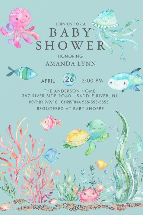 Cute Under the Sea Baby Shower Invitations Ocean Themed Baby Shower Ideas Girl, Sea Baby Shower Theme, Forest Animal Baby Shower, Ocean Baby Showers, Sea Baby Shower, Boho Baby Shower Invitations, Woodland Baby Shower Invitations