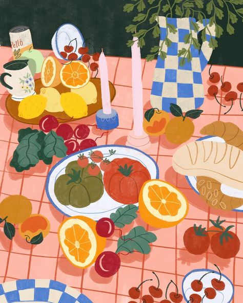 Tablescape Illustration, Tablescape Painting, Tablecloth Illustration, Picnic Illustration, Table Illustration, Scene Illustration, Diy Canvas Art Easy, Maximalist Art, Gingham Tablecloth