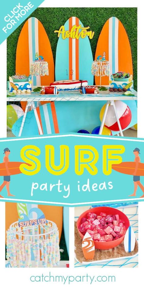 Surfs Up Pool Party, Surf Party Centerpieces, Surfboard Backdrop, Surfs Up Birthday Party, Totally Twobular, Surfing Birthday Party, Surf Theme Party, Vintage Beach Party, Surfing Party