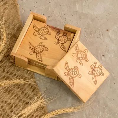 Handmade Set of 4 Wood Coasters with Box and Turtle Motif - Lovely Turtle | NOVICA Moments With Friends, Ear Cuff Jewelry, Coffee Table Coasters, Cotton Handbag, Costa Rican, Buy Wood, Wooden Coasters, Engraved Wood, Wood Coasters