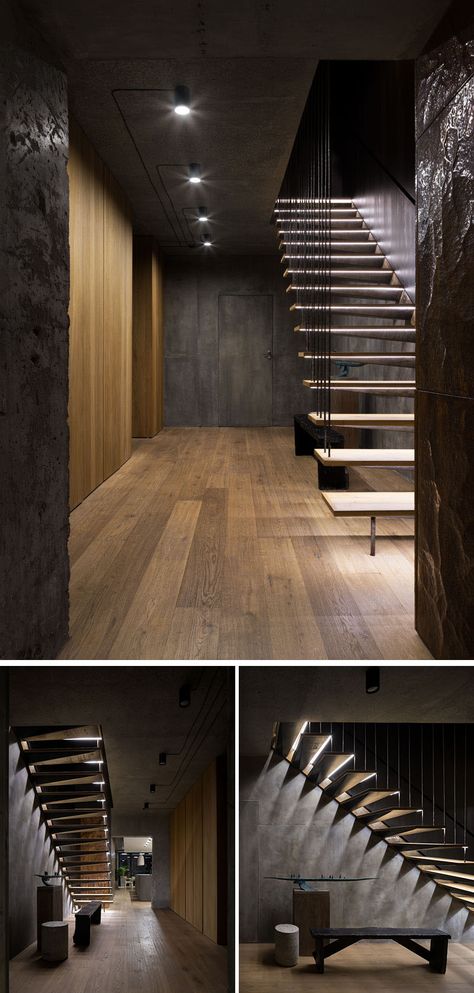 The front hallway in this modern apartment is a mix of concrete and wood which ties into the rest of the home. The hallway is simplistically lit, and each wooden step of the wood and steel staircase leading upstairs is individually lit. House Design Simple, Stairway Lighting Ideas, Sergey Makhno, Modern Apartment Interior, Stairway Lighting, Kyiv Ukraine, Contemporary Arts, Wooden Steps, Stair Lighting