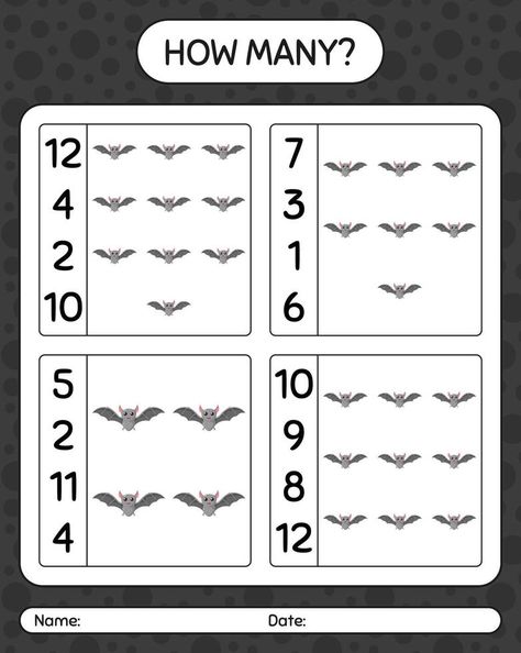 How many counting game with bat. worksheet for preschool kids, kids activity sheet Bat Math Activities Preschool, Bat Math Preschool, Bat Math Kindergarten, Bat Activities For Kids, Bat Literacy Activities Preschool, Bat Worksheets, Bats Lesson Plans, Bat Curriculum, Bats Activities