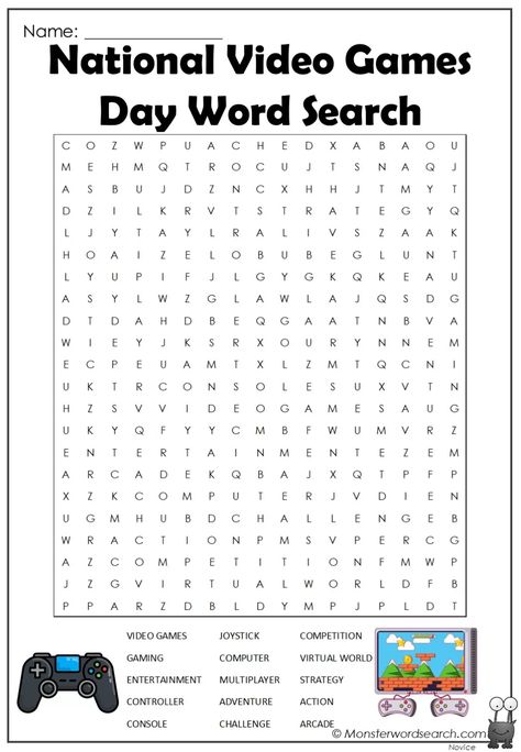 National Video Games Day Word Search National Video, Pta Events, National Video Game Day, Free Printable Word Searches, Word Search Printables, Music Artist, Event Ideas, Game Day, Video Game