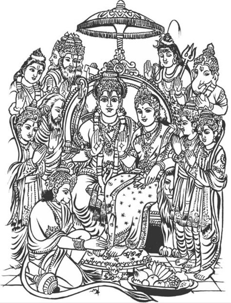 Ram Darbar Drawing, Ramayana Drawing, Rama Pattabhishekam, God Drawing, Indian Traditional Paintings, Abstract Pencil Drawings, Sri Rama, Kalamkari Painting, Kerala Mural Painting