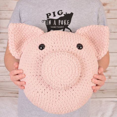 100% polyester A luxurious, soft and cozy chenille- style yarn Machine wash and dry Measures 17 x 17 x 12 **All proceeds go to Pig In a Poke Sanctuary to help care for the owner surrendered pot belly pigs. Pig In A Poke, Pig Pillow, Pot Belly Pigs, Pot Belly, Crochet Pig, Pig Lovers, Crochet Items, Couch Pillow, Loom Knitting