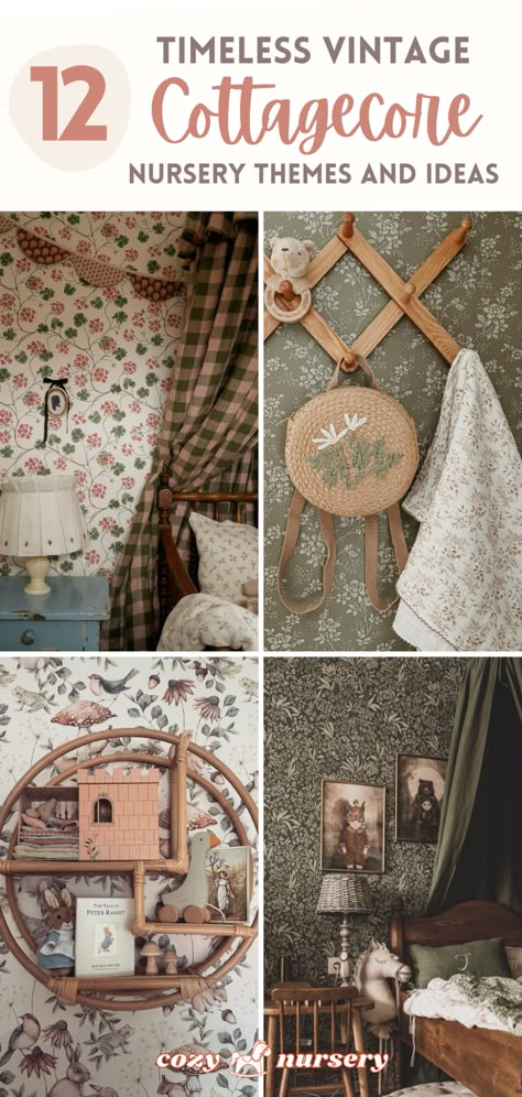 12 Vintage Cottagecore Nursery Themes and Ideas – Cozy Nursery Woodland Vintage Nursery, Vintage Wildflower Nursery, Vintage Nursery Wall Decor, English Countryside Nursery, Vintage Fairytale Nursery, Vintage Farm Nursery, Cottagecore Playroom, Vintage Style Nursery, Vintage Nursery Girl