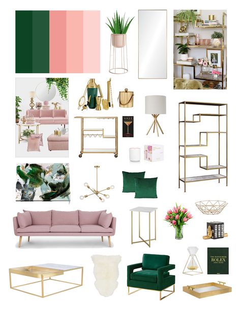 Emerald green & blush pink color scheme with hints of gold and white. Green Living Room Mood Board, Pink Green Living Room, Living Room Mood Board, Green Living Room, Room Mood Board, Salon Interior Design, Living Room Green, Green Rooms, Salon Ideas