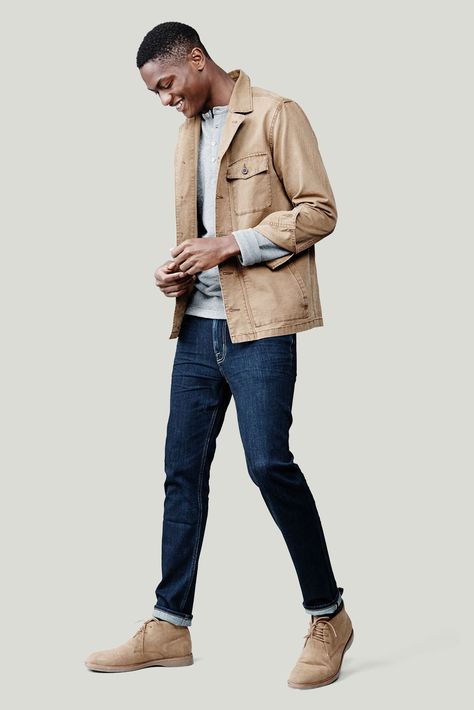 Take an Exclusive First Look at Target's New Elevated Menswear Line Khaki Shoes Outfit, Elevated Menswear, Beige Shoes Outfit, Khaki Jacket Outfit, Chinos Men, Men Pose, Men's Uniform, Boot Outfits, Western Outfits Men