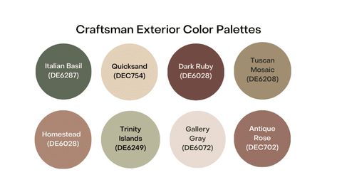 Craftsman House Colors | Exterior & Interior Paint Palette Craftsman House Exterior Colors Schemes, Craftsman Colors Palette Interior, Sage Craftsman Exterior, Craftmans Style House Exterior Paint, Craftsman Color Palette Exterior, Craftsman Paint Colors Interior Arts & Crafts, Craftsman Exterior Colors Schemes, Craftsman Paint Colors, Craftsman House Colors