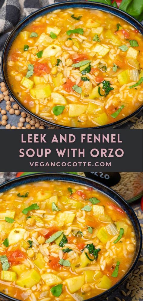 Leek Fennel Soup, Fennel And Leek Soup, Carrot And Fennel Soup, Fennel Recipes Soup, Soup With Orzo, Mediterranean Soup, Leeks Soup Recipes, Easy Vegan Soup, Fennel Soup