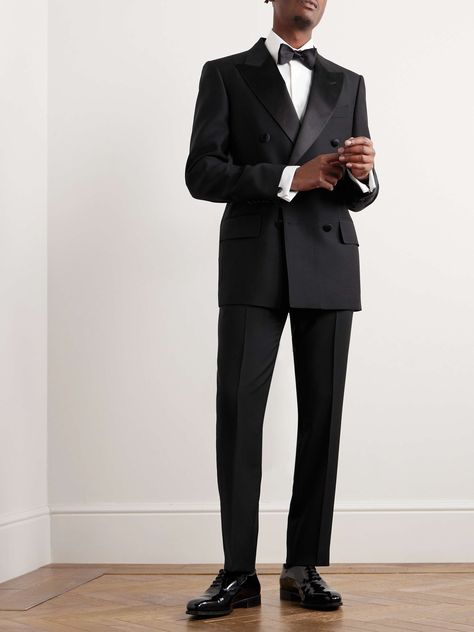 TOM FORD Double-Breasted Satin-Trimmed Wool and Silk-Blend Tuxedo Jacket for Men Men’s Tux 2024, Black Tie Wedding Guest Dress Men, Black Man Wedding Suit, Classic Tuxedo For Men, Wedding Suit Bow Tie, Black Tie Mens Attire, Mens Black Tie Attire, Classic Groom Attire, Black Tie Men