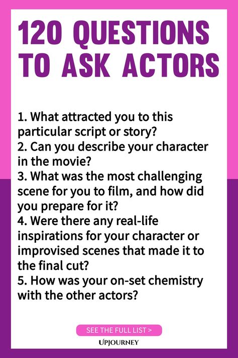 Explore the ultimate list of 120 thought-provoking questions to ask actors! Whether you're hosting a Q&A session or just curious about their craft, these questions will spark engaging conversations and insights. Perfect for aspiring actors, filmmakers, or anyone interested in the creative process. Elevate your interviews and deepen your industry knowledge with this comprehensive resource. Questions For Actors, Questions To Ask Celebrities, Interview Questions To Ask, 21 Questions, Asking The Right Questions, 20 Questions, The Creative Process, Networking Event, Interview Questions