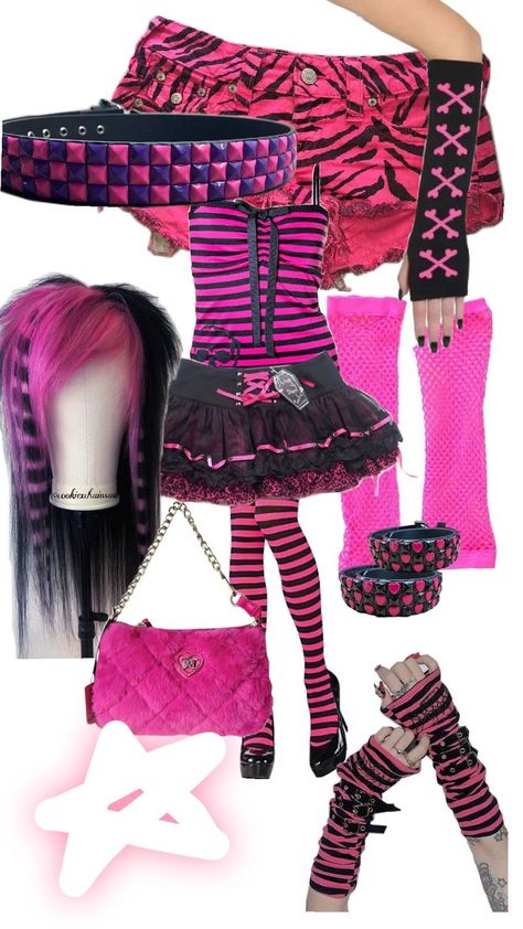 pink outfit 2000s Scene Outfits, Pink Scene Outfits, Pink Alt Outfits, Scene Core Outfit, Pink Punk Outfits, Scene Outfit Ideas, 2000s Emo Outfits, Scene Queen Outfit, Scene Kid Outfits