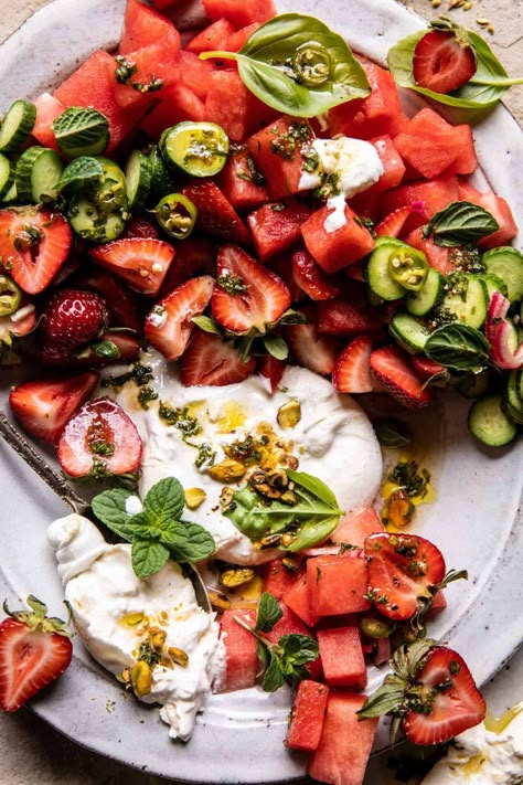 Strawberry Watermelon Salad with Burrata...finished with a drizzle of balsamic fig vinaigrette...quick, refreshing, pretty, AND delicious! Salad With Burrata, Half Baked Harvest Recipes, Burrata Salad, Watermelon And Lemon, Mind Diet, Harvest Recipes, Watermelon Salad, Fresh Watermelon, Strawberry Salad