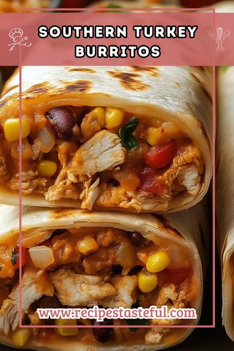 These Southern Turkey Burritos are packed with savory ground turkey, hearty refried beans, and flavorful spices, all wrapped in warm tortillas. Perfect for a family dinner or meal prep! Ground Turkey Wraps, Turkey Burrito Recipe, Turkey Burritos, Turkey Wraps, Southern Turkey, Burrito Recipe, Burritos Recipe, How To Cook Beans, Quick Weeknight Meals