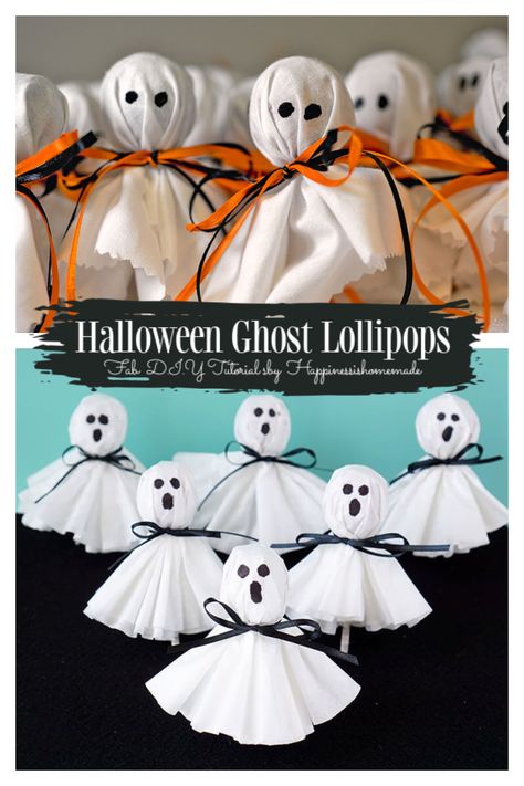 Halloween Lollipop Craft DIY Ideas & Tutorials - Halloween Ghost Lollipops DIY Tutorial Sucker Halloween Treats, Halloween Sucker Ghosts, Halloween Suckers Diy, Halloween Ghost Lollipops, Ghost Tootsie Pops, Ghost Suckers Halloween, Tootsie Pop Ghosts, Halloween Lollipop Crafts, Lollipop Ghosts Halloween