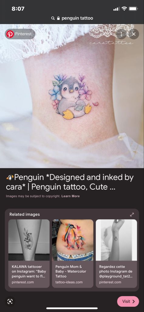 Penguin And Flower Tattoo, Penguin Tattoo, Kawaii Tattoo, Tattoo For Son, Dream Tattoos, Mom Tattoos, Flower Tattoos, Cute Tattoos, Tattoos And Piercings