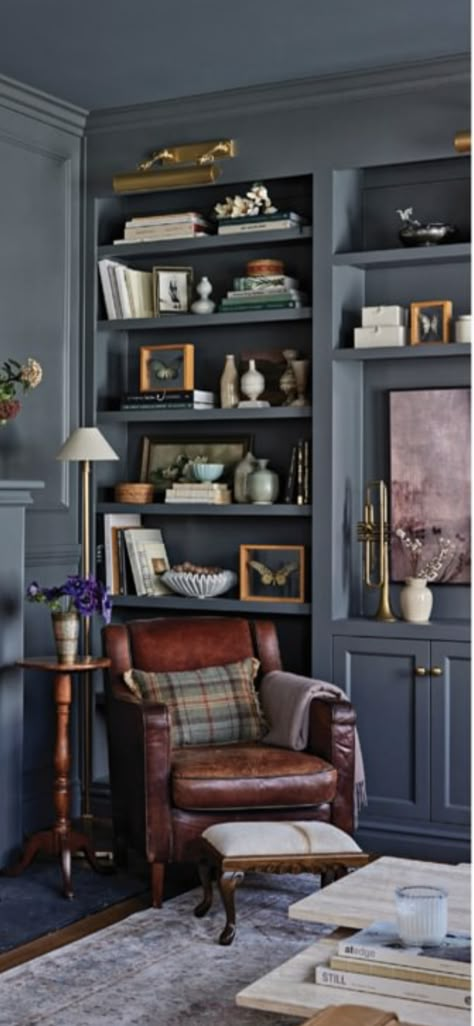 Blue Library Shelves, Historical Office Interior, Navy Blue Library Room, Moody Blue Library, English Library Aesthetic, Blue Home Library, Navy Blue Study, Navy Blue Library, Blue Library Room