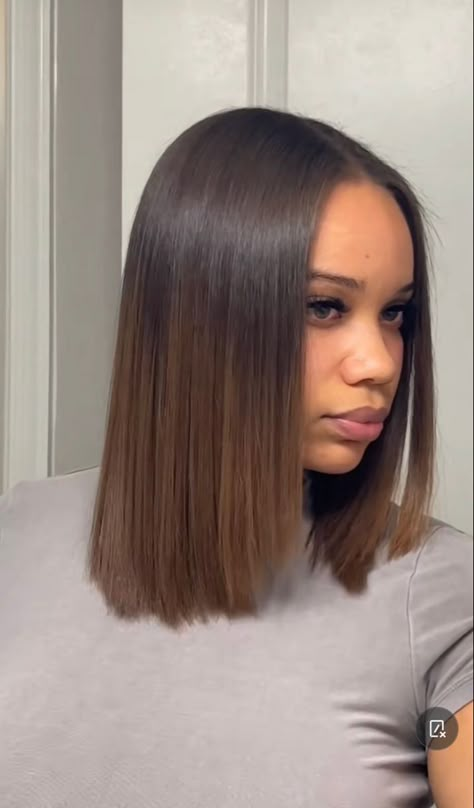 Chocolate Brown Silk Press Natural Hair, Medium Length Straight Hair Black Women, Silk Press Natural Hair Short Bob With Highlights, Silk Press Haircut, Mixed Straight Hair, Shoulder Length Silk Press, Shoulder Length Hair Bob, Middle Part Silk Press Natural Hair, Straight 4c Hair