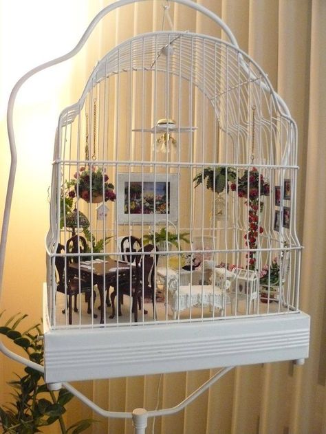 Bird Cage Makeover, Birdcage Diorama, Birdcage Dollhouse, Caged Fairy, Miniature Porch, Birdcage Ideas, Hanging Bird Cage, Fairy Room, Room Boxes