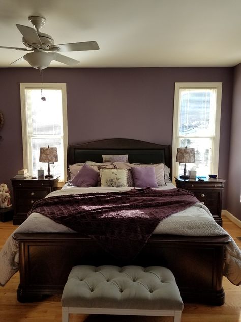 Purple bedroom Taupe And Purple Bedroom, Purple Accent Bedroom Ideas, Purple And Brown Bedroom Ideas, Purple Brown Bedroom, Brown And Purple Room, Dark Purple Room Ideas, Plum Walls Bedroom, Purple Bedroom Colors, 2023 Bedrooms