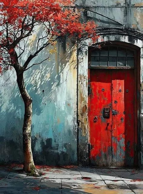 자작나무 그림, Watercolor Architecture, Colourful Buildings, Rustic Doors, Watercolor Landscape Paintings, Foto Art, Old Doors, Red Door, Beautiful Doors