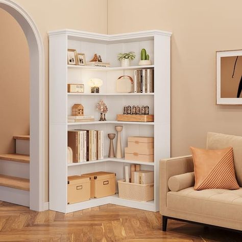 Farmhouse Bookshelf Corner - Bed Bath & Beyond - 40401511 Kid Bookshelves, L Shaped Bookshelf, Corner Built In Shelves, Farmhouse Bookcase, Tall Corner Shelf, Large Bookshelf, Bookshelf Corner, Farmhouse Bookshelf, Farmhouse Bookcases