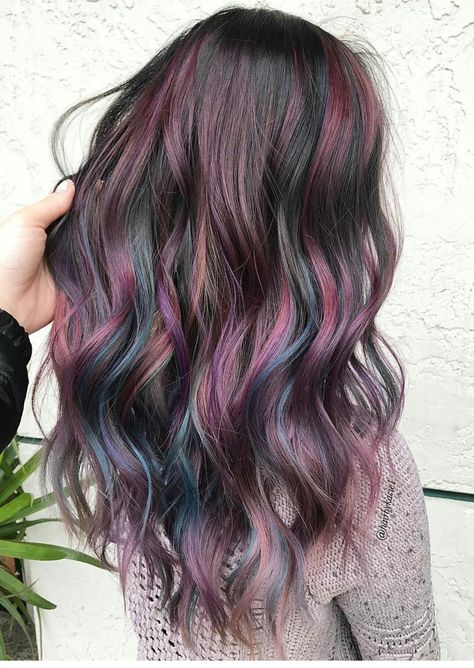 Hair Ideas Colored Brunette Highlights, Lilac Peekaboo Highlights For Dark Hair, Bayalage Brunette Purple Ombre, Two Color Balayage, Brunette Fashion Color Hair, Dimensional Purple Balayage, Balayage Mermaid Hair, Brunette Hair Color With Purple Highlights, Dark Brown Hair Pop Of Color