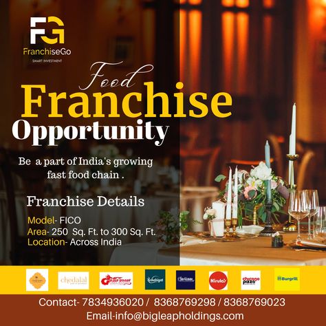 FranchiseGo is the best company food franchise . . . . Be a part of India's growing fast food chain. ...................................................................... franchise Details Model- FICO Area- 250 Sq.Ft. to 300 Sq.Ft. Location- Across India. #food #foodfranchise #foodfranchiseindia #franchise #franchiseopportunities Franchise Opportunities Poster, Franchise Ads, Franchise Poster Design, Franchise Poster, Questing Beast, Franchise Design, Food Franchise, Food Posters, Franchise Food