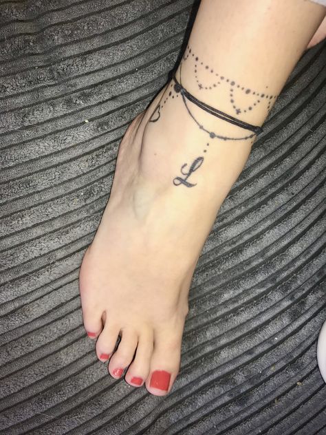 Bracelet tattoo. Initial tattoo. Beaded tattoo. Initial Bracelet Tattoo, Ankle Bracelet Tattoo With Initials, Anklet Tattoos With Names, Birthstone Anklet Tattoo, Ankle Bracelet Tattoo With Names, Beaded Tattoo, Foot Ankle Tattoo, Bracelet Tattoo, Initial Tattoo