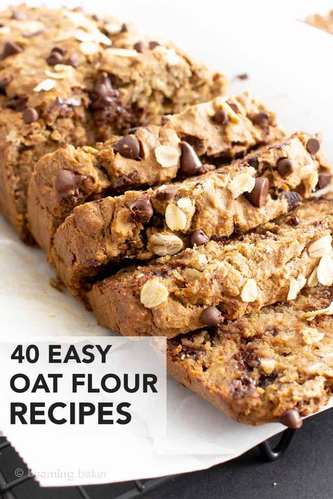 An irresistible collection of easy oat flour recipes. Featuring oat flour bread recipes, oat flour cookie recipes, oat flour dessert recipes and more! | Recipes at BeamingBaker.com Things To Make With Oat Flour, Oat Flour Loaf, Oatmeal Flour Bread Recipes, Oat Flour Cinnamon Bread, Cooking With Oat Flour, Cakes With Oat Flour, Keto Oat Flour Recipes, Oat Flour Desserts Healthy, Cookies Made With Oat Flour