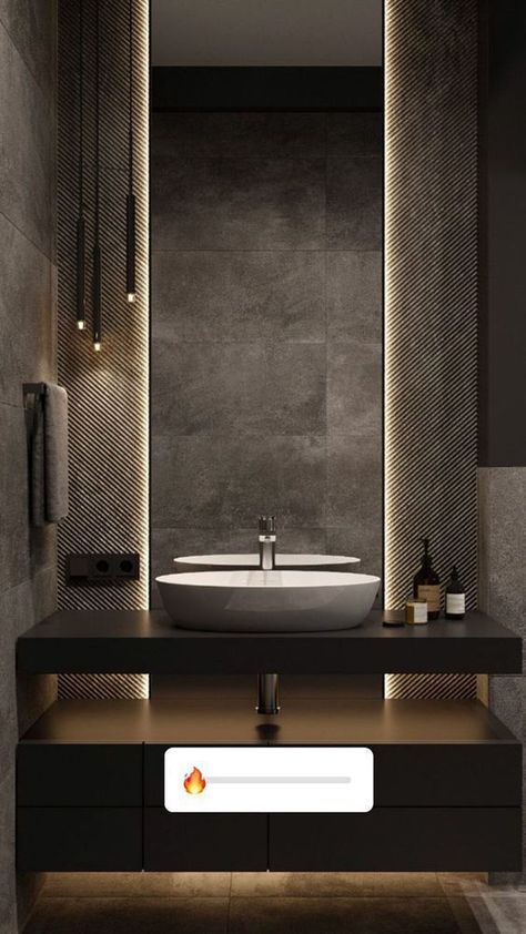 Unique Powder Room Vanity, Powder Room Niche Ideas, Modern Sink Design Bathroom, Modern Dark Bathroom Design, Dark Painted Bathroom Walls, Black Washroom Designs, Modern Black Bathroom Design, Unique Powder Rooms, Modern Dark Bathroom