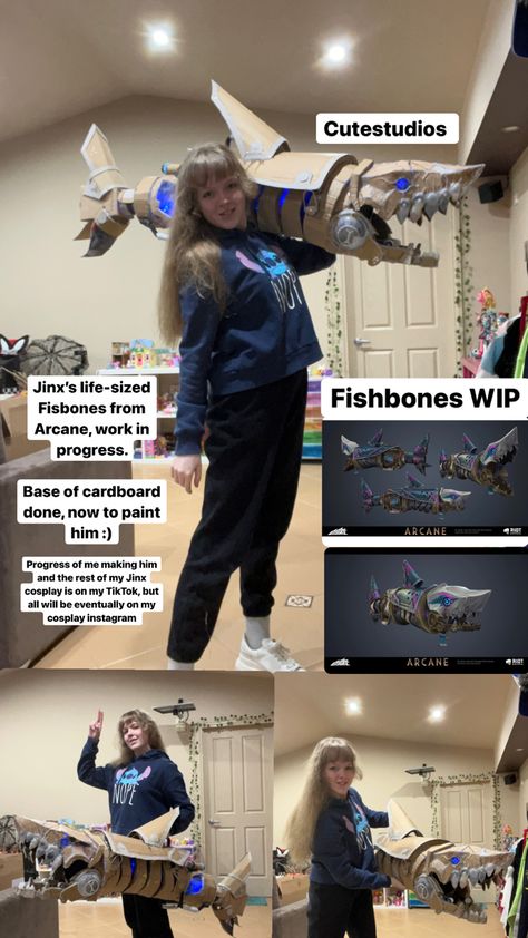 Jinx Fishbones Arcane, Jinx Crafts, Jinx Shark Cannon, Jinx Shark Bazooka, Arcane Diy Crafts, Fishbones Arcane, Arcane Fishbones, Jinx Props, Jinx Cosplay Arcane