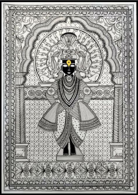 Warli Art Black And White, Krishna Warli Art, Vitthal Rukmini Mandala Art, Vitthal Mandala Art, Vitthal Drawing, Kalamkari Design, Boho Art Drawings, Mandala Art Therapy, Pen Art Drawings