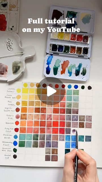 Aleksandryna Watercolor Artist on Instagram: "⬇️How to make a color chart?

A full tutorial on how to make a color chart is on my YouTube channel❣️

Prepare a ruler, pencil and A4 sheet of watercolor paper.
🔻Make 11 squares 1.5 cm each (you can make less squares or more if you have a bigger paper). Between each square is a small space about 2 mm.
The number of rows and columns should be equal the number of colors you want to mix.

🔻Place each color on the horizontal and vertical line at the very top. 

🔻I write down the name of each color on the left side. You can do the same with the top row, I just don’t have enough space to do it and I know that the sequence of the colors are similar to the vertical column.

🔻Then I paint pure colors on the diagonal squares in the middle of the colo Rows And Columns, A4 Sheet, Line At, Artist On Instagram, Watercolor Artist, A Color, My Youtube Channel, Color Chart, Small Space