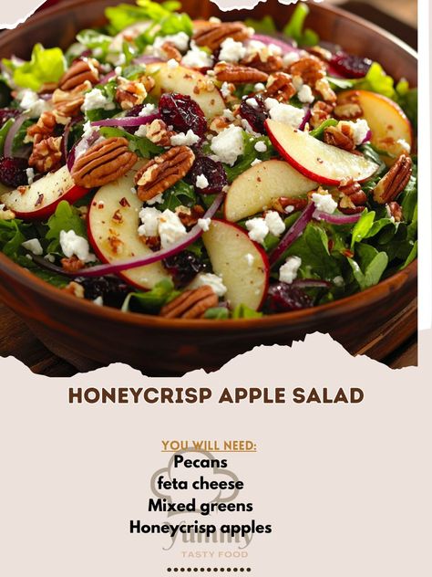 Crisp, fresh, and delightful! Our Honeycrisp Apple Salad is the perfect mix of sweet and savory for any meal! 🍏🥗 #FreshFlavors Honeycrisp Apple Salad Ingredients: Honeycrisp apples (2, thinly sliced) Mixed greens (4 cups) Crumbled feta cheese (½ cup) Pecans (½ cup, toasted) Dried cranberries (¼ cup) Red onion (¼ small, thinly sliced) Balsamic vinaigrette (¼ cup) Honey (1 tbsp) Olive oil (1 tbsp) Salt and pepper (to taste) Instructions: In a large bowl, combine mixed greens, apples, red on... Honey Crisp Salad, Honey Crisp Apple Salad, Honeycrisp Apple Salad, Honeycrisp Salad, Honeycrisp Apple, Cozy Fall Recipes, Pecan Salad, Honeycrisp Apples, Apple Salad