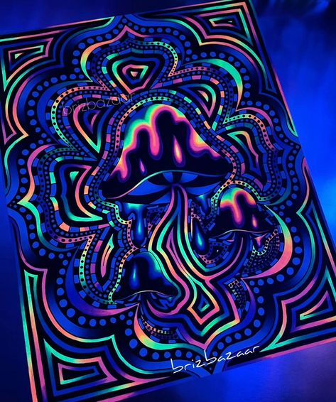 Trippy Mushroom Art 🍄 Trippy Blacklight Art "Shroomz" 🎨 Original piece . . . #trippyvibes #trippyart #trippy #psychedelicart #Psychedelic #blacklight #blacklightart #art Trippydraws Art, Mushroom Art, Trippy Art, Black Light, The Originals, Art