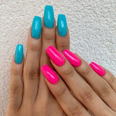 Two Hand Color Nails, Bright Blue And Pink Nails, Diff Color Nails On Each Hand, Nails Two Colors Each Hand, 2 Different Color Nails On Both Hands, Pink & Blue Nails, Two Nail Colors On Each Hand, Two Toned Nails Designs, Nails With Different Colors On Each Hand