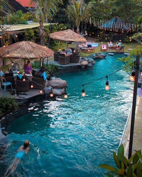 Ubud's Favourite Restaurant | Folk Pool & Gardens Twilight Home, Pool Gardens, Island Pool, River Restaurant, Resort Design Plan, Pool Deck Plans, Resort Plan, Dream Backyard Pool, Mountain Farm