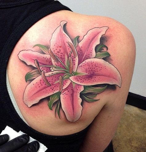 Realistic pink lily on back tattoo - 55  Awesome Lily Tattoo Designs  <3 <3 Stargazer Lily Tattoo, Tattoo Lily, Lily Tattoo Meaning, Tiger Lily Tattoos, Lily Tattoos, Lillies Tattoo, Tattoo Wallpaper, Lily Tattoo Design, Tattoo Band