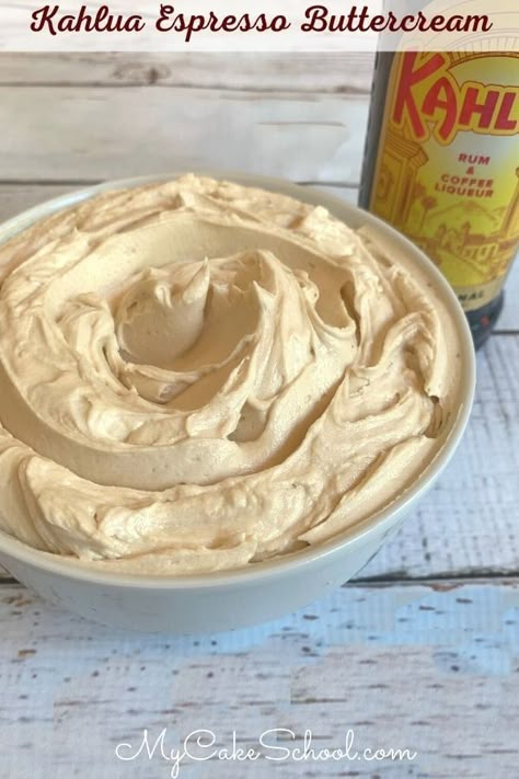 This Kahlua Espresso Buttercream Frosting is so easy and delicious! We love the balance of espresso and Kahlua with our chocolate cake recipes, especially our Chocolate Kahlua Cake! This buttercream pipes perfectly and tastes fabulous. Enjoy! #kahlua #kahluafrosting #kahluabuttercream #kahluaespressobuttercream #frosting Espresso Buttercream Frosting, Chocolate Kahlua Cake, Pumpkin Spice Latte Cake, American Buttercream Recipe, Espresso Buttercream, My Cake School, Kahlua Cake, Kahlua Recipes, Sour Cream Chocolate Cake